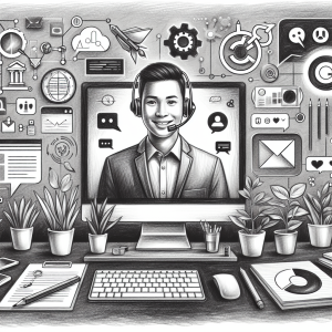 Illustration of friendly customer support agent in a home office setup setting, with a creative mood.