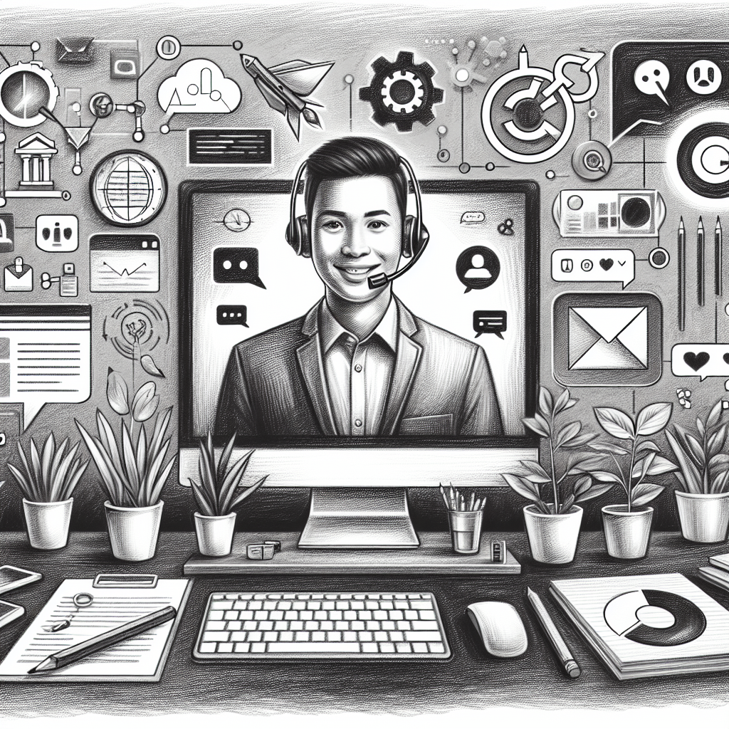 Illustration of friendly customer support agent in a home office setup setting, with a creative mood.