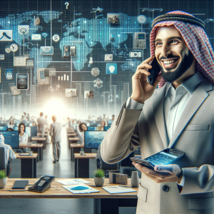 Illustration of person receiving a call on mobile in a tech-enabled workspace setting, with a happy mood.