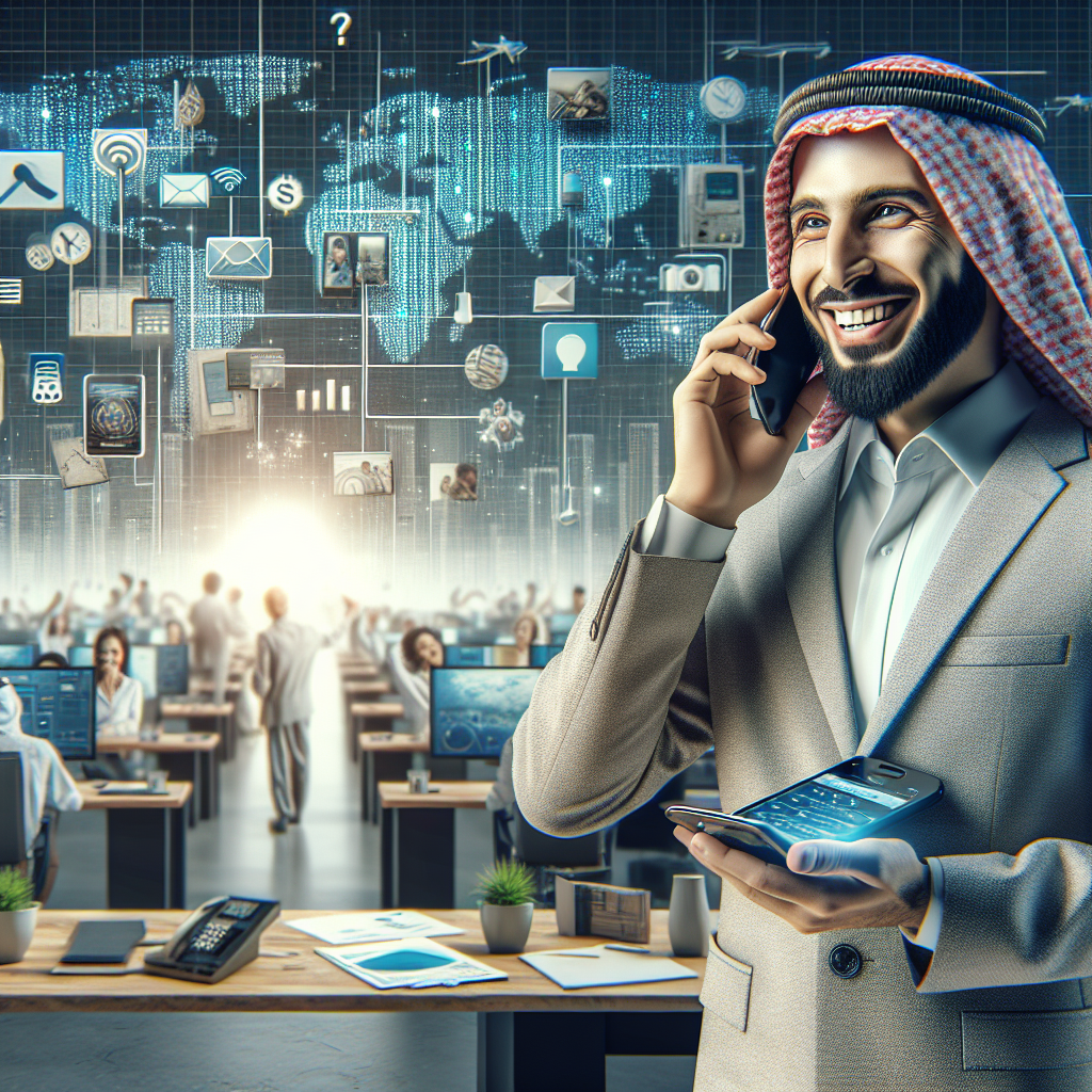 Illustration of person receiving a call on mobile in a tech-enabled workspace setting, with a happy mood.