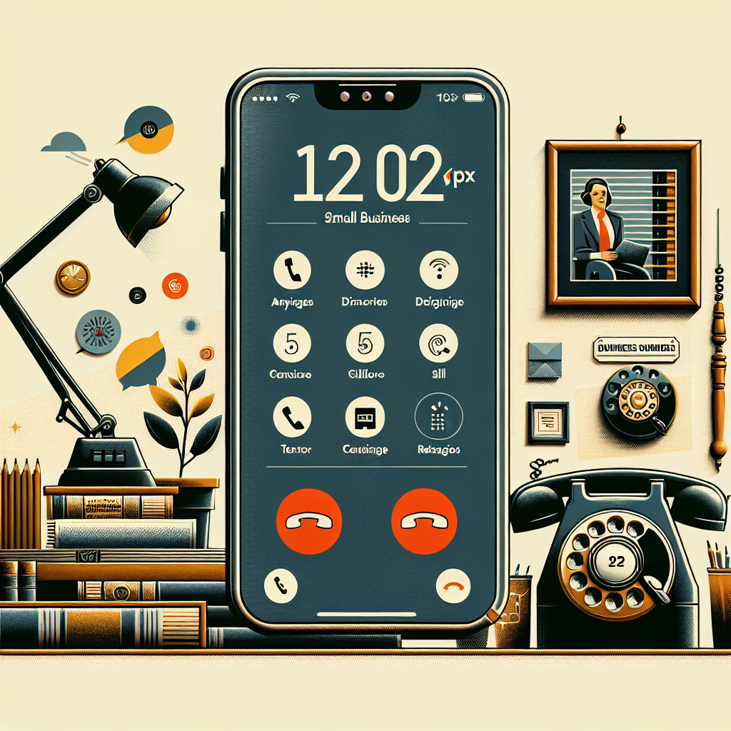 Illustration of mobile displaying call from business number in a vintage rotary phone on shelf setting, with a focused mood.