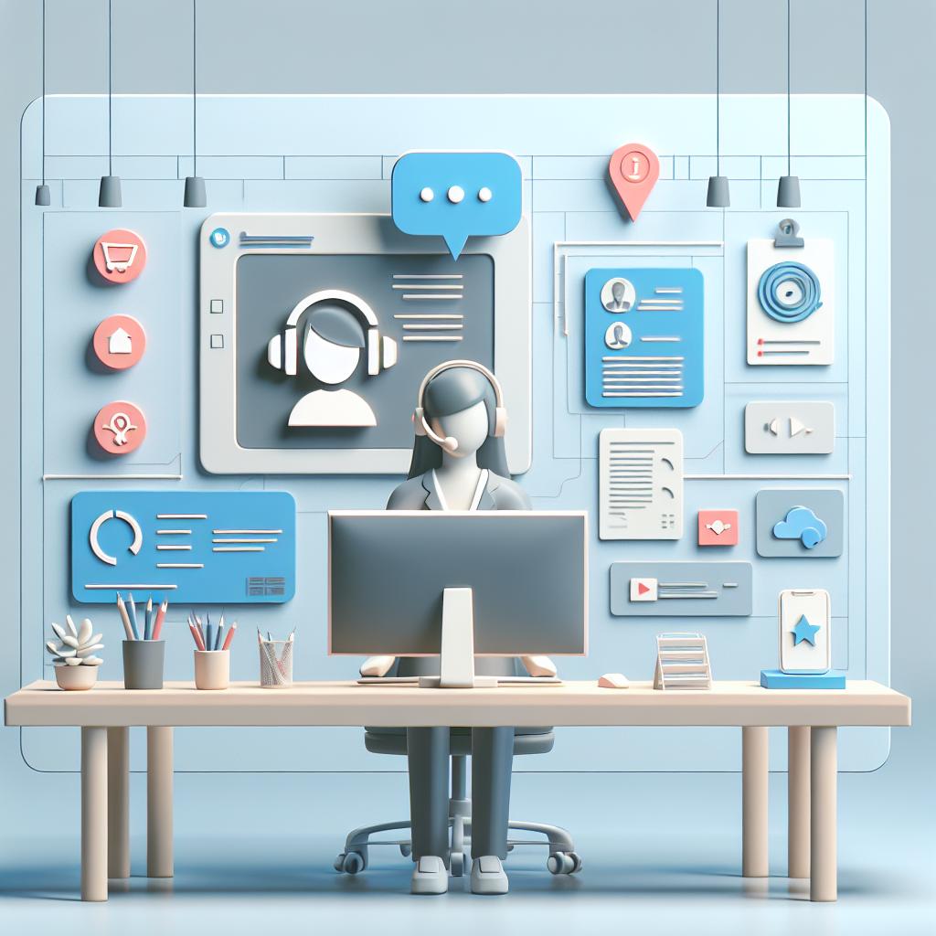 Illustration of friendly customer support agent in a minimalist desk scene setting, with a determined mood.