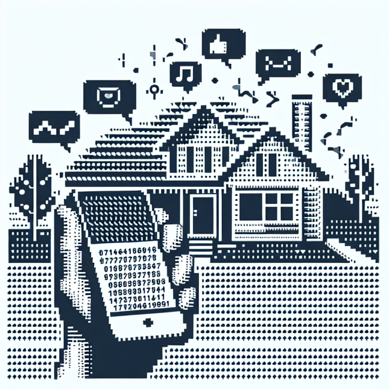 Illustration of hand holding mobile phone in a suburban home setting, with a relaxed mood.