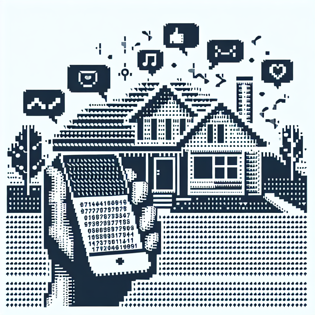 Illustration of hand holding mobile phone in a suburban home setting, with a relaxed mood.