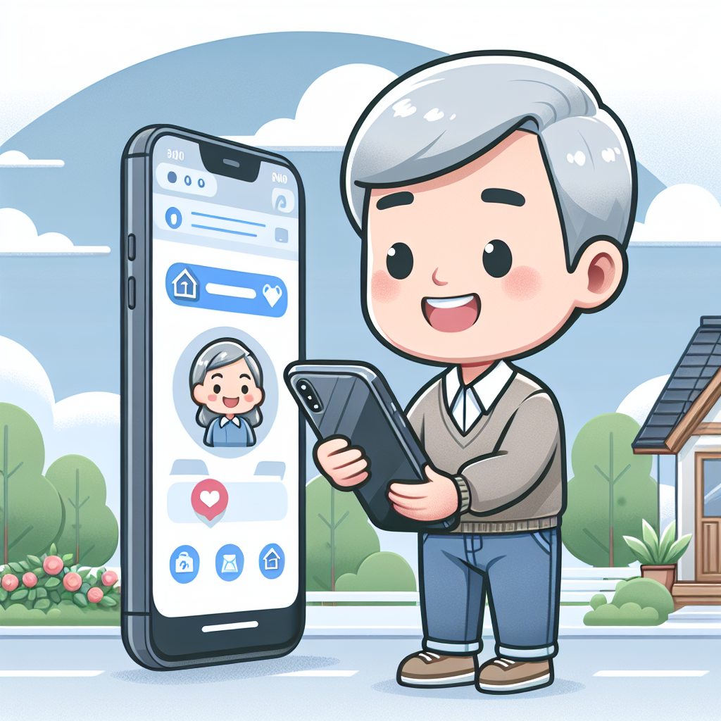 Illustration of happy senior using cell phone in a suburban home setting, with a focused mood.