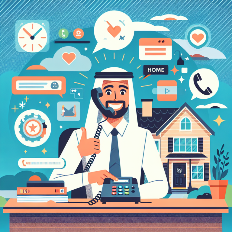 Illustration of small business owner answering call in a suburban home setting, with a happy mood.