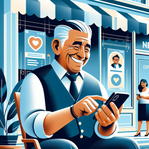 Illustration of happy senior using cell phone in a urban small business storefront setting, with a inspired mood.