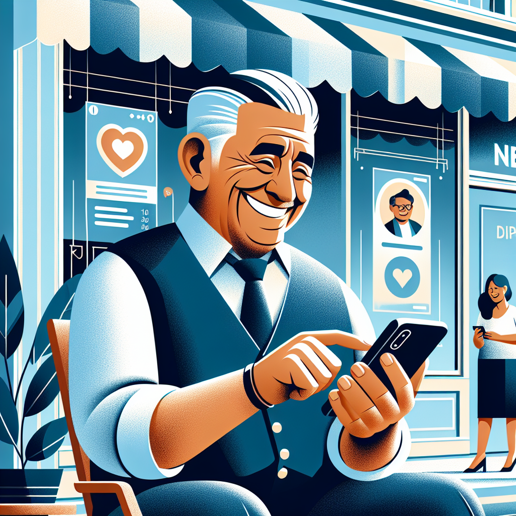 Illustration of happy senior using cell phone in a urban small business storefront setting, with a inspired mood.