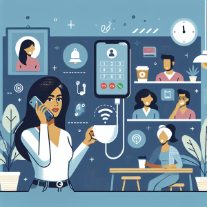 Illustration of small business owner answering call in a coffee shop interior setting, with a focused mood.