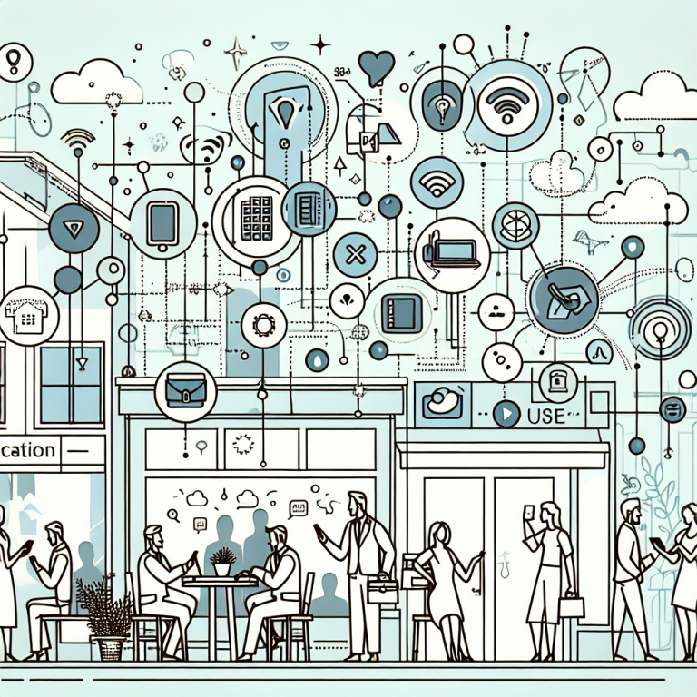 Illustration of clusters of telecom icons in a urban small business storefront setting, with a happy mood.