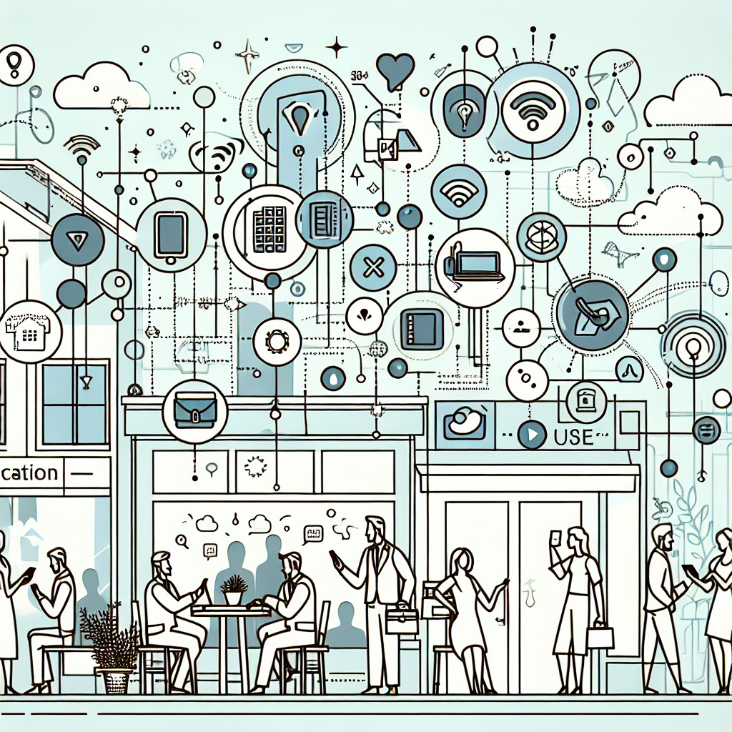 Illustration of clusters of telecom icons in a urban small business storefront setting, with a happy mood.