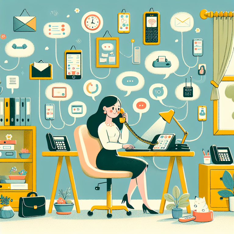Illustration of clusters of telecom icons in a home office setup setting, with a creative mood.