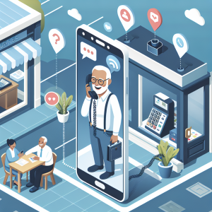 Illustration of happy senior using cell phone in a urban small business storefront setting, with a inspired mood.