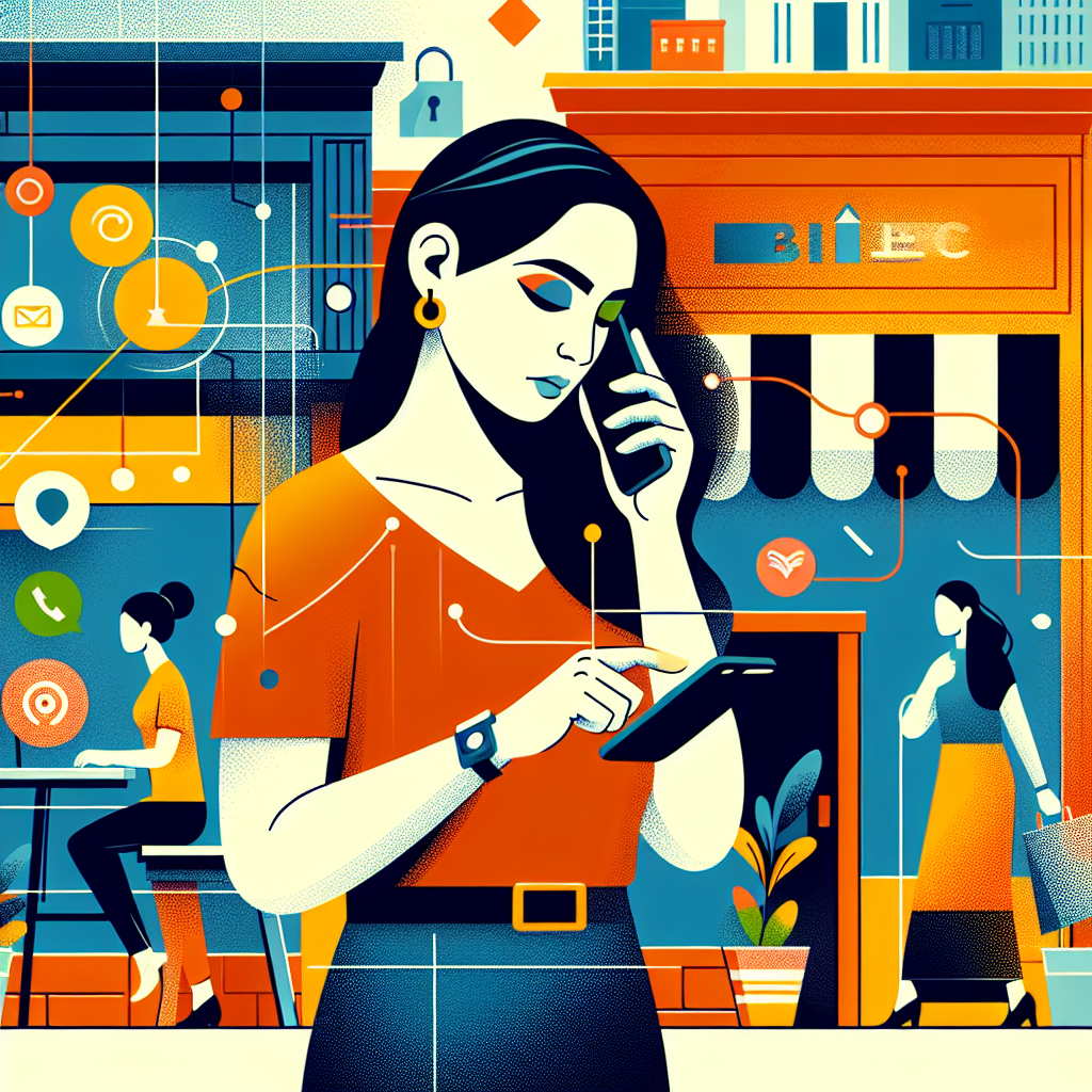 Illustration of person receiving a call on mobile in a urban small business storefront setting, with a focused mood.