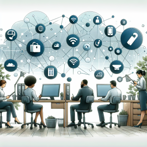 Illustration of clusters of telecom icons in a home office setup setting, with a inspired mood.