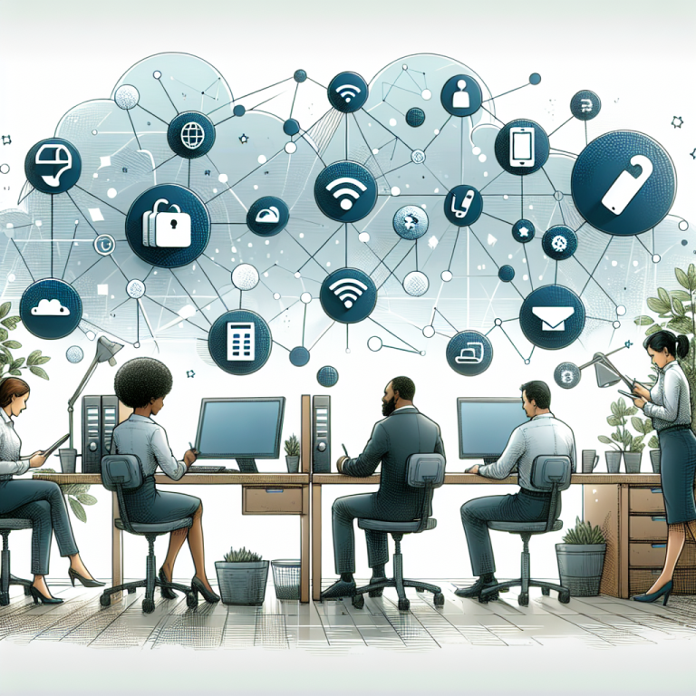 Illustration of clusters of telecom icons in a home office setup setting, with a inspired mood.