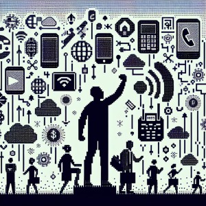 Illustration of clusters of telecom icons in a simple mobile interface setting, with a determined mood.