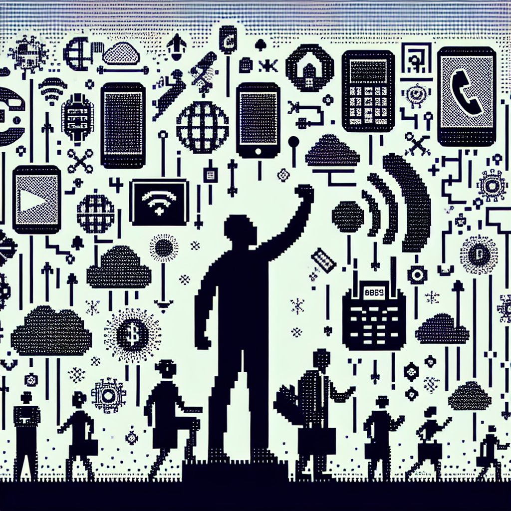 Illustration of clusters of telecom icons in a simple mobile interface setting, with a determined mood.