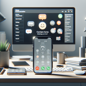 Illustration of smartphone with call screen open in a minimalist desk scene setting, with a happy mood.