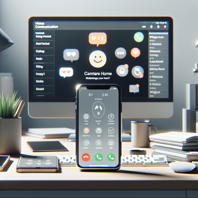 Illustration of smartphone with call screen open in a minimalist desk scene setting, with a happy mood.