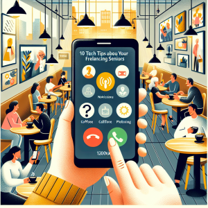 Illustration of smartphone with call screen open in a coffee shop interior setting, with a happy mood.