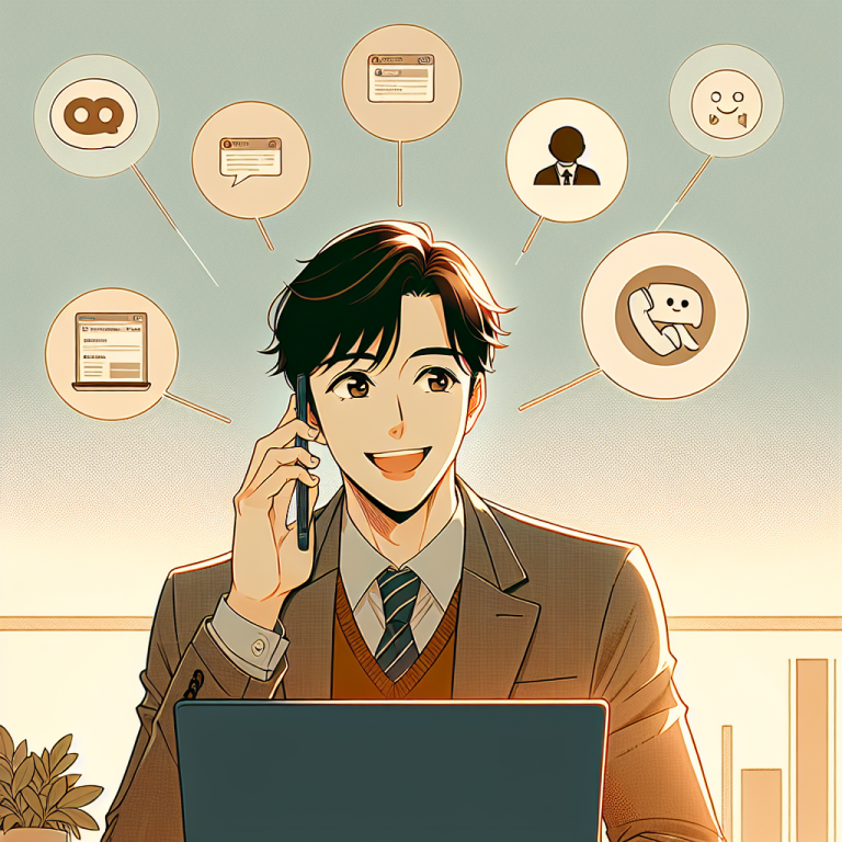 Illustration of small business owner answering call in a minimalist desk scene setting, with a happy mood.