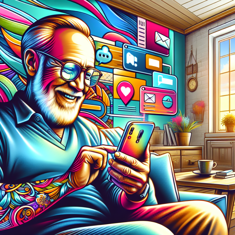 Illustration of happy senior using cell phone in a suburban home setting, with a happy mood.