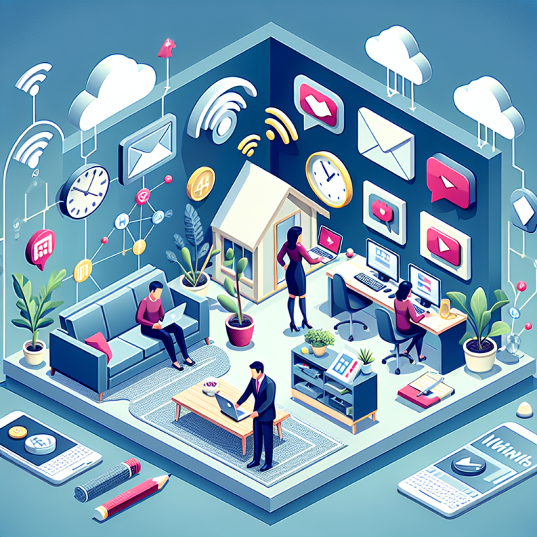 Illustration of clusters of telecom icons in a cozy living room setting, with a determined mood.