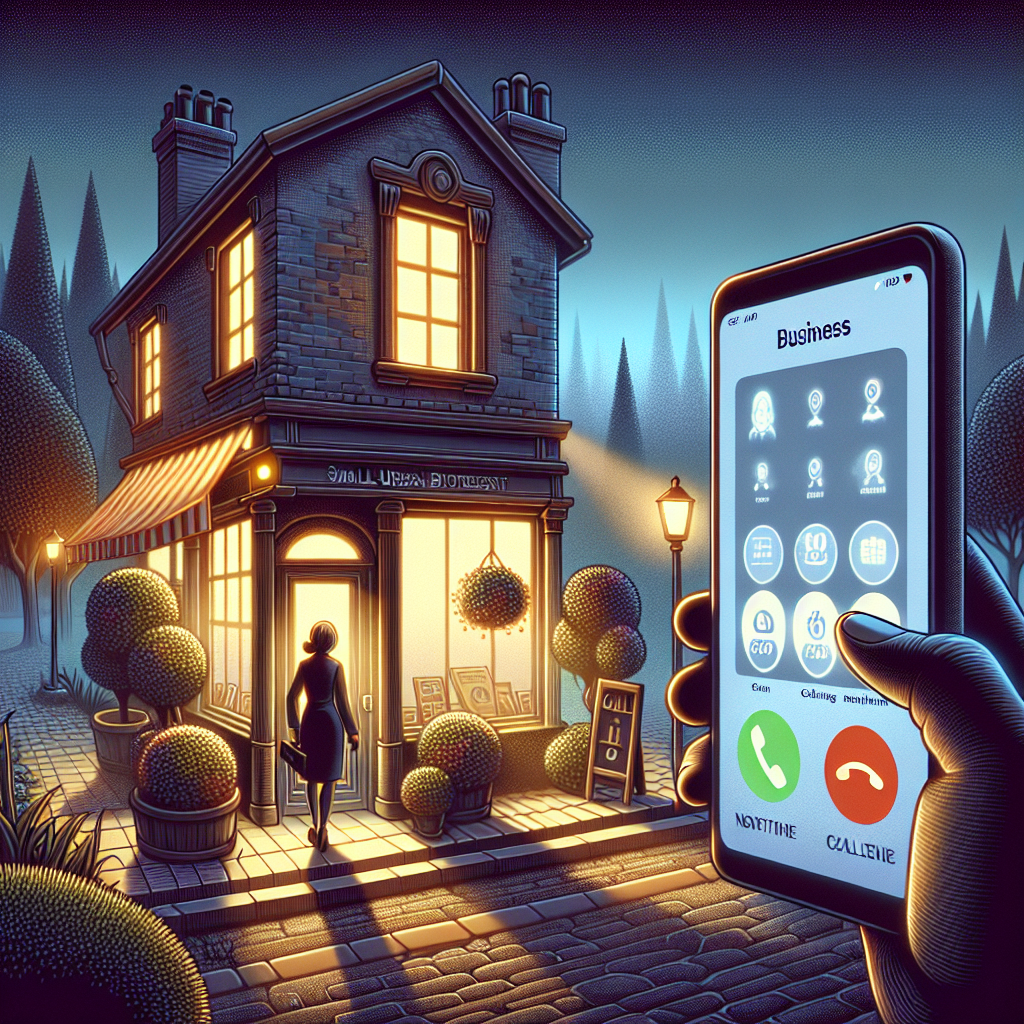 Illustration of mobile displaying call from business number in a urban small business storefront setting, with a inspired mood.