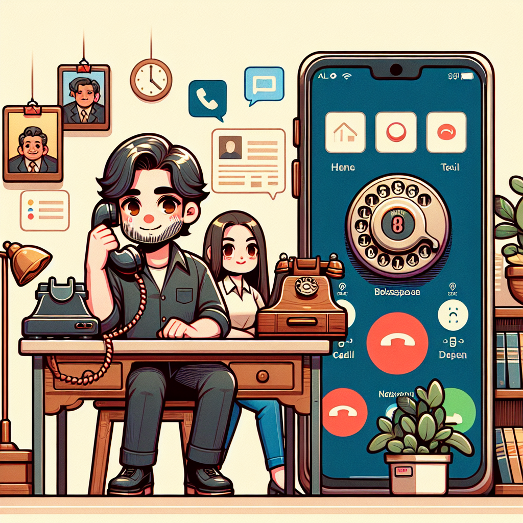 Illustration of smartphone with call screen open in a vintage rotary phone on shelf setting, with a relaxed mood.