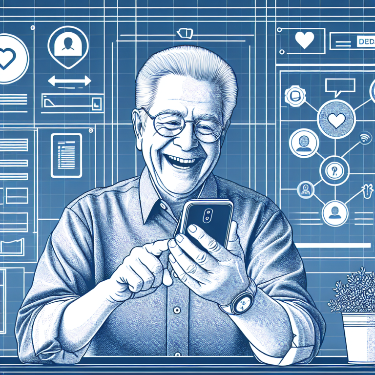 Illustration of happy senior using cell phone in a tech-enabled workspace setting, with a happy mood.