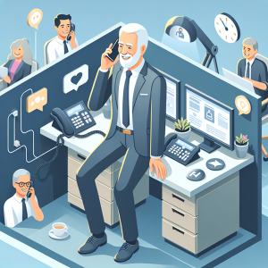 Illustration of happy senior using cell phone in a tech-enabled workspace setting, with a relaxed mood.