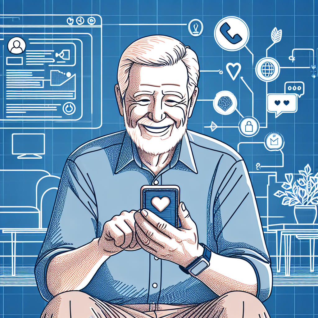 Illustration of happy senior using cell phone in a cozy living room setting, with a happy mood.