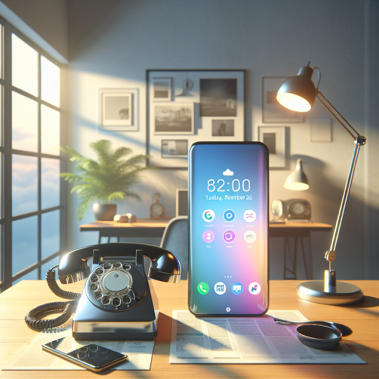 Illustration of landline phone next to smartphone in a sunlit home office setting, with a creative mood.