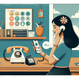 Illustration of person receiving a call on mobile in a vintage rotary phone on shelf setting, with a determined mood.
