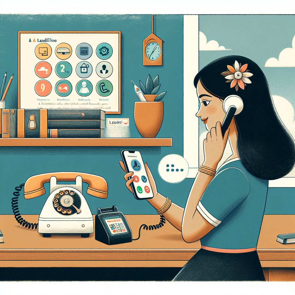 Illustration of person receiving a call on mobile in a vintage rotary phone on shelf setting, with a determined mood.