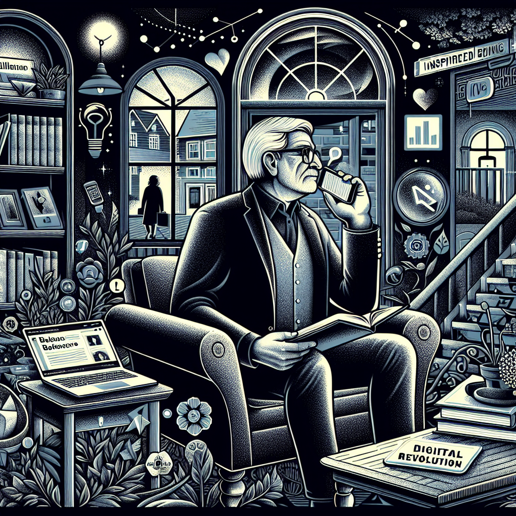 Illustration of small business owner answering call in a suburban home setting, with a inspired mood.