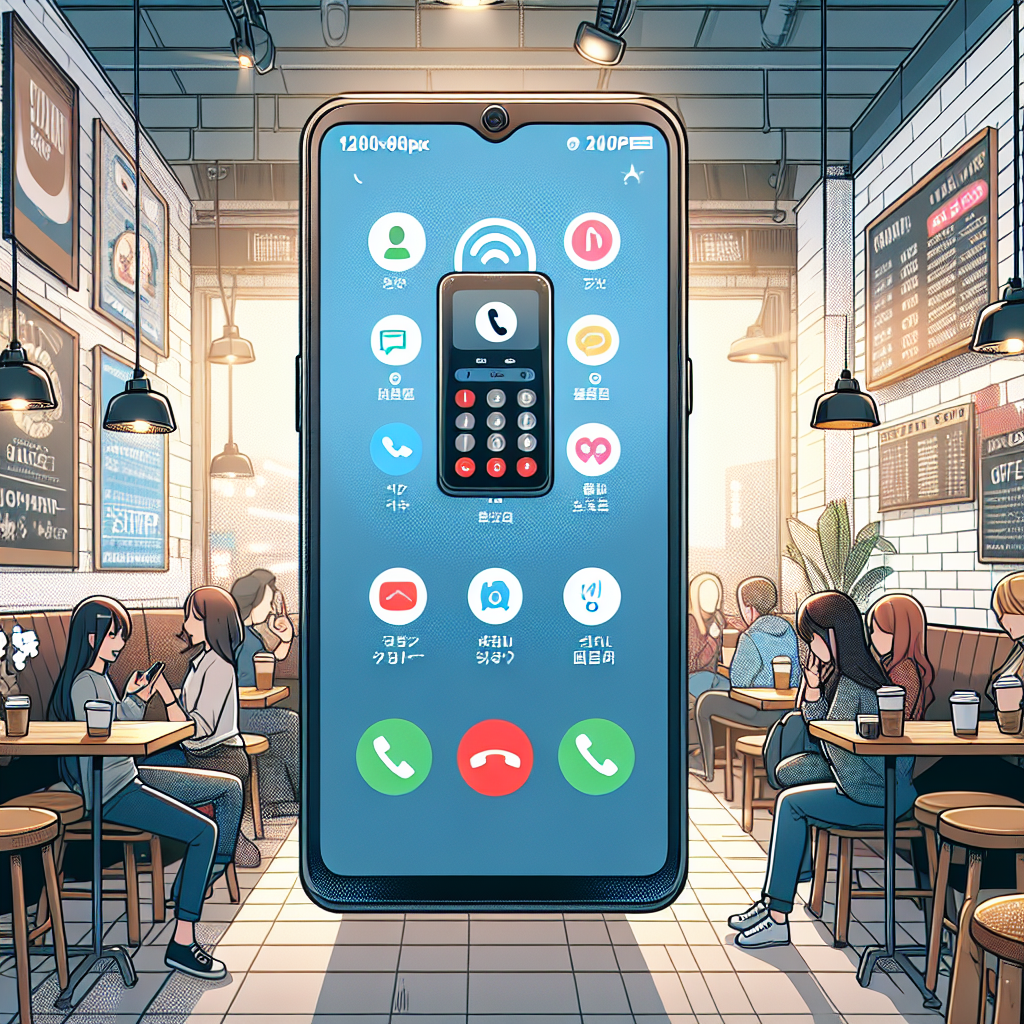 Illustration of smartphone with call screen open in a coffee shop interior setting, with a determined mood.