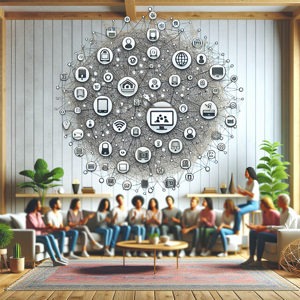 Illustration of clusters of telecom icons in a cozy living room setting, with a creative mood.