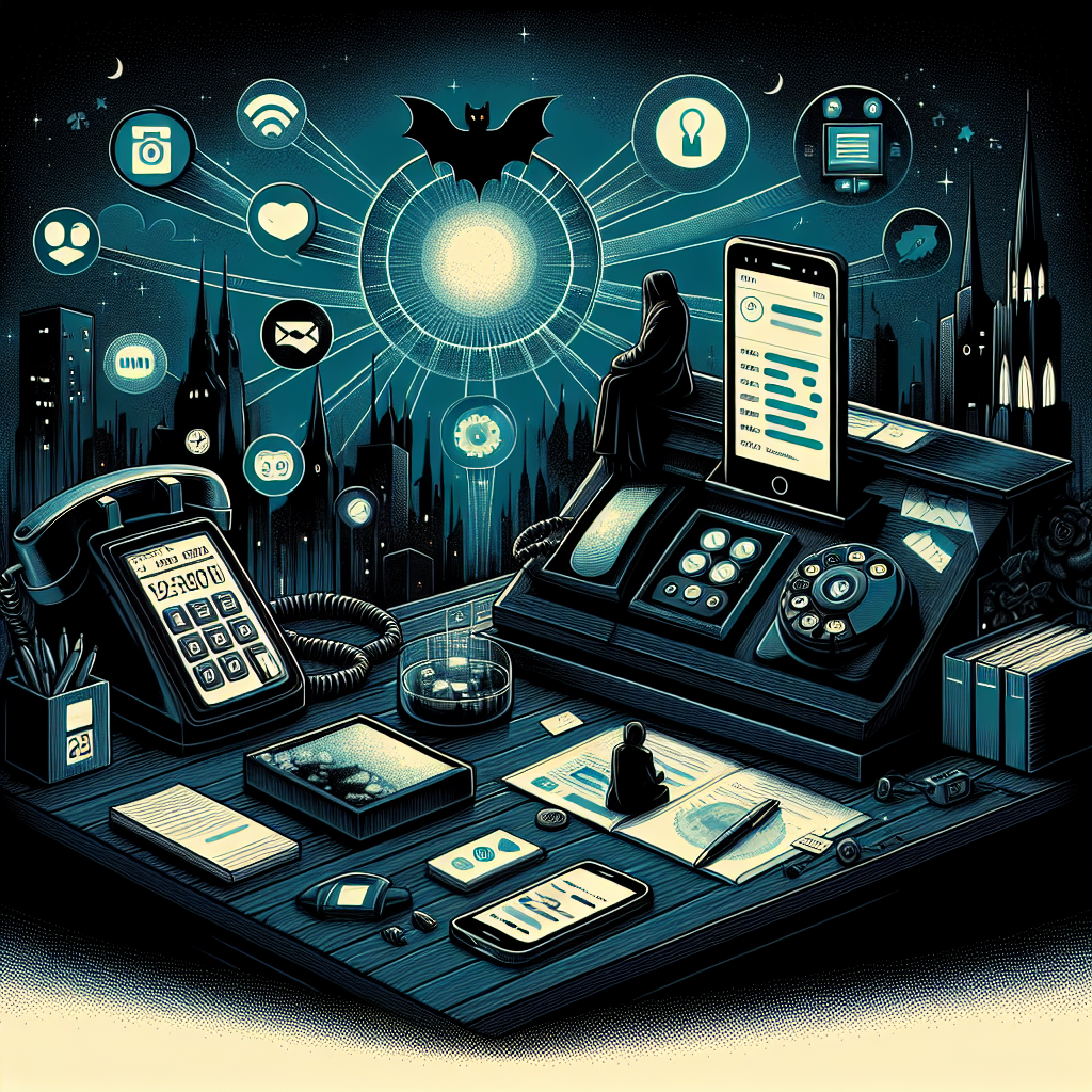 Illustration of landline phone next to smartphone in a tech-enabled workspace setting, with a relaxed mood.