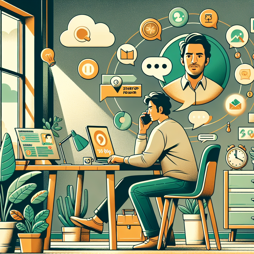 Illustration of person receiving a call on mobile in a home office setup setting, with a determined mood.