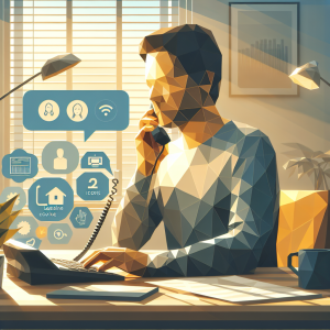 Illustration of small business owner answering call in a sunlit home office setting, with a creative mood.