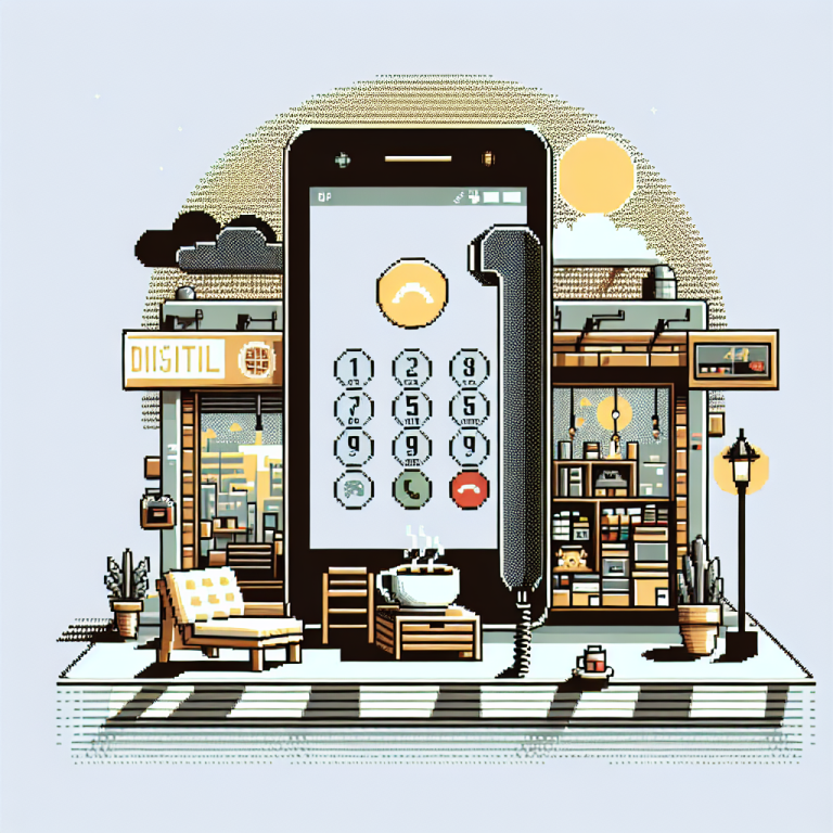 Illustration of smartphone with call screen open in a urban small business storefront setting, with a relaxed mood.
