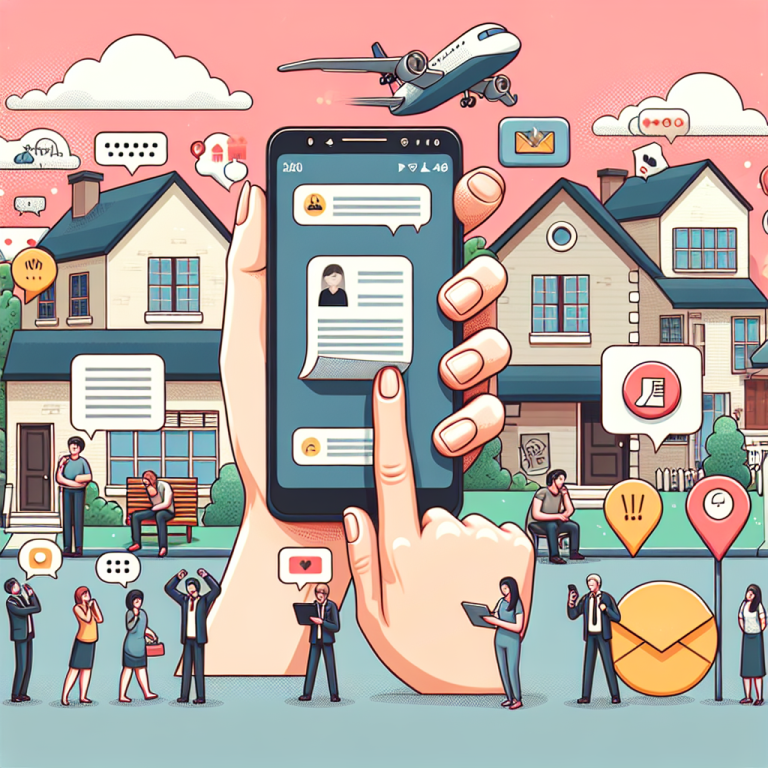 Illustration of hand holding mobile phone in a suburban home setting, with a creative mood.