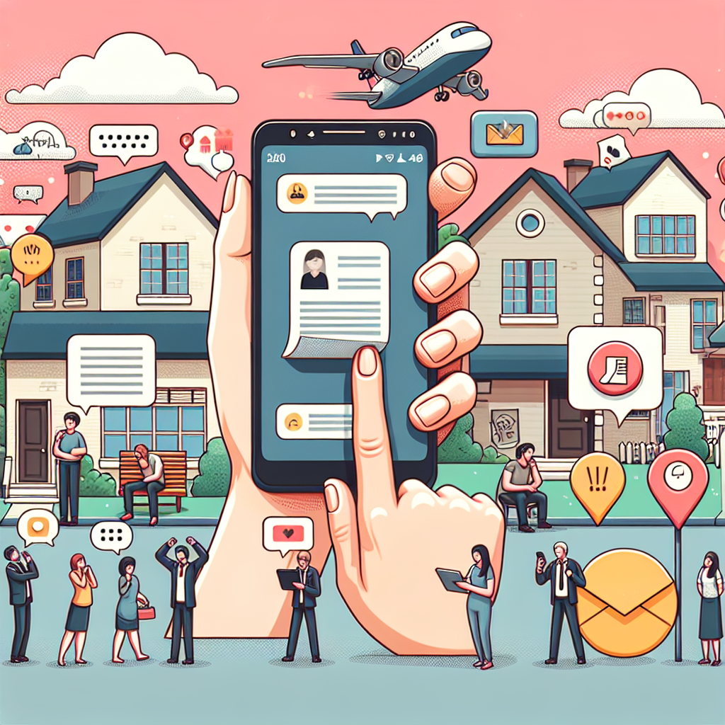 Illustration of hand holding mobile phone in a suburban home setting, with a creative mood.