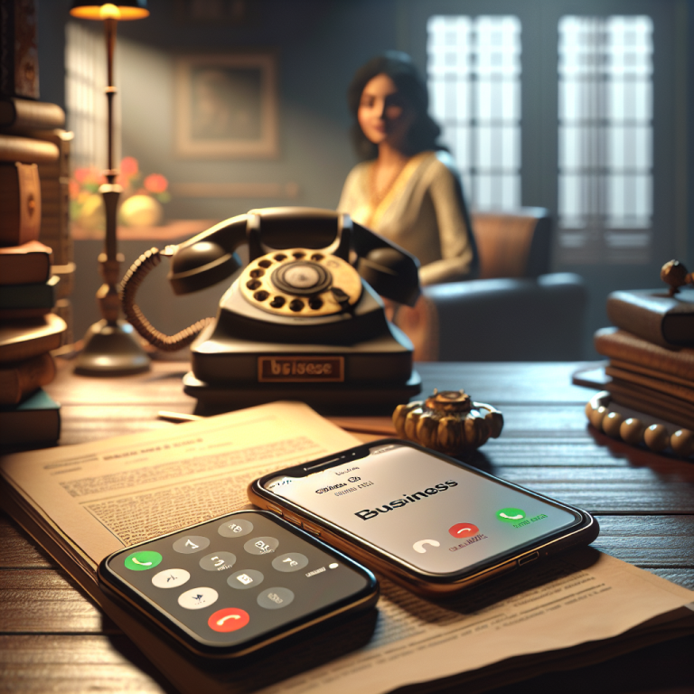 Illustration of mobile displaying call from business number in a vintage rotary phone on shelf setting, with a relaxed mood.