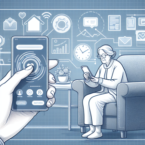 Illustration of hand holding mobile phone in a cozy living room setting, with a focused mood.