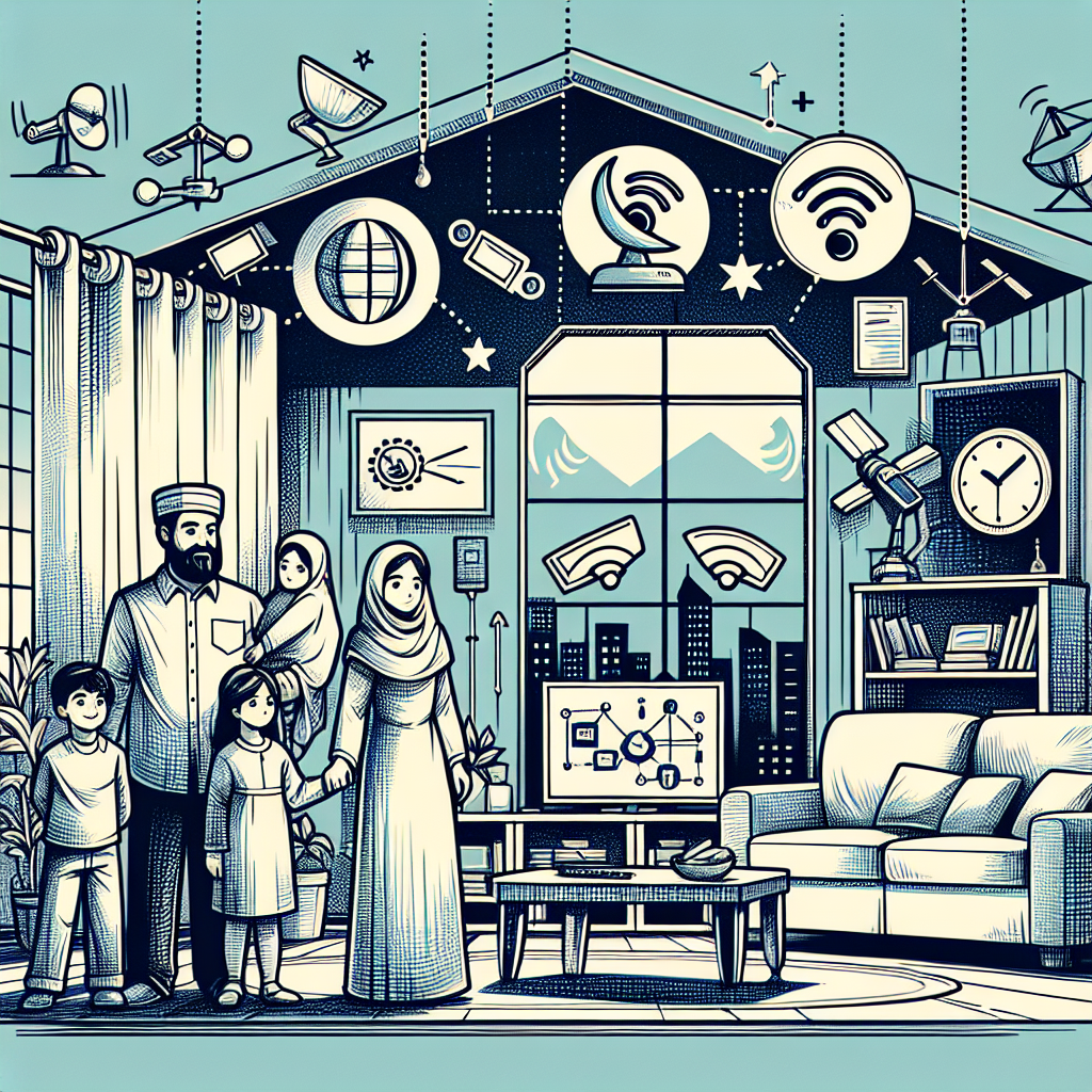 Illustration of clusters of telecom icons in a suburban home setting, with a creative mood.