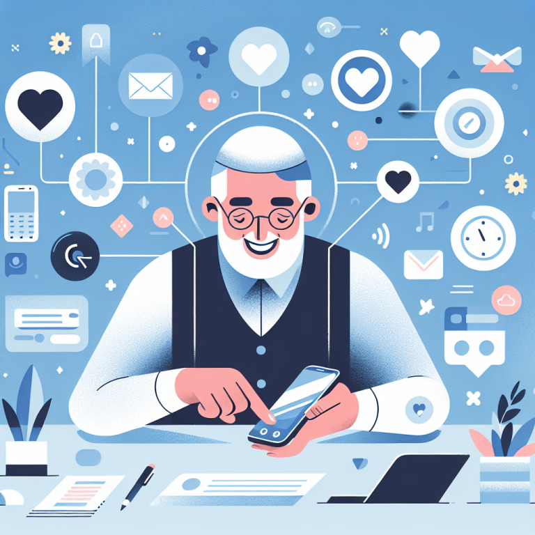 Illustration of happy senior using cell phone in a minimalist desk scene setting, with a focused mood.