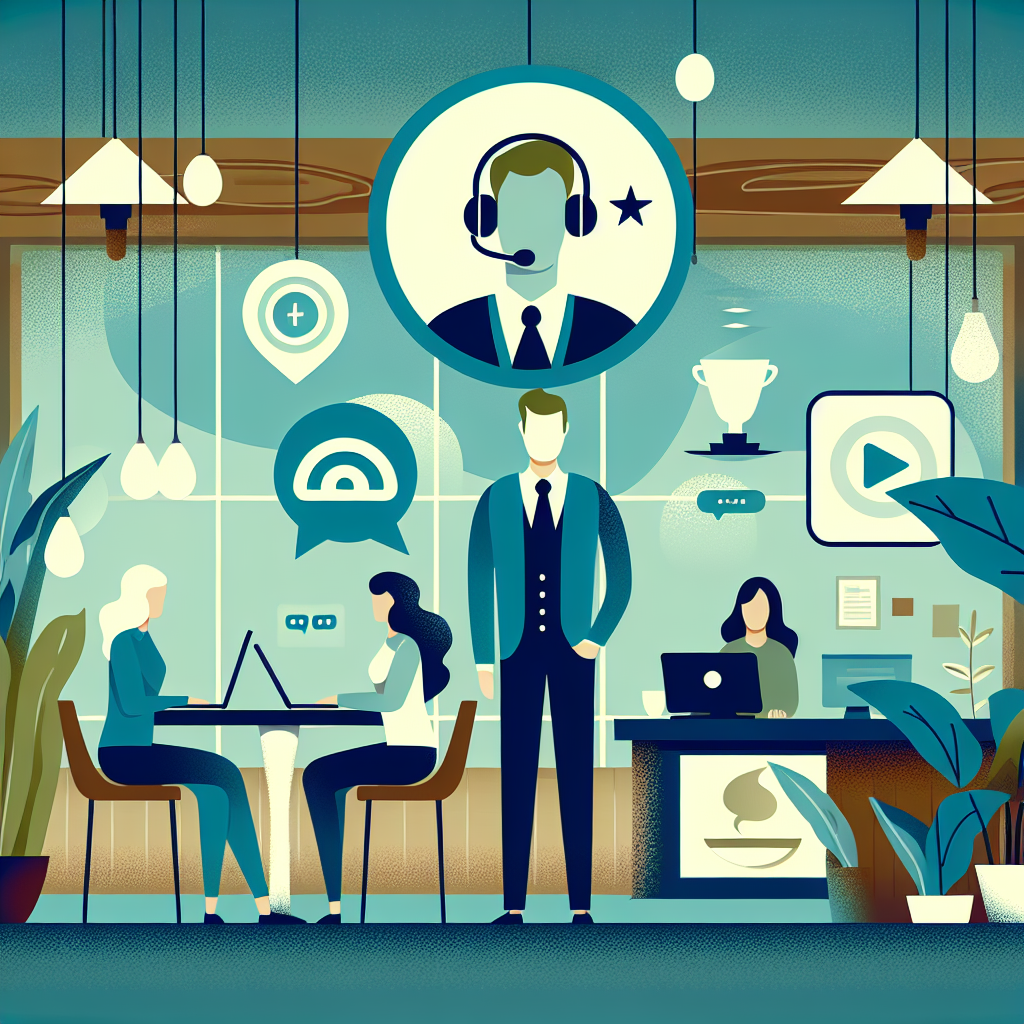 Illustration of friendly customer support agent in a coffee shop interior setting, with a relaxed mood.